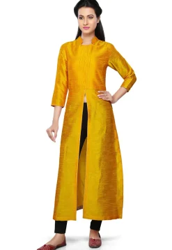 Plain Art Silk Kurta in Yellow