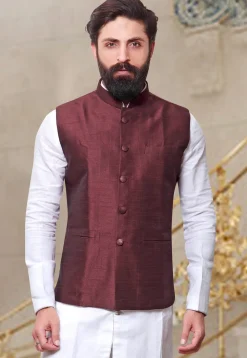 Plain Art Silk Nehru Jacket in Dark Maroon