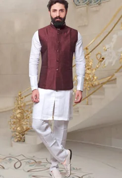 Plain Art Silk Nehru Jacket in Dark Maroon