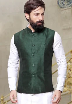 Plain Art Silk Nehru Jacket in Dark Green