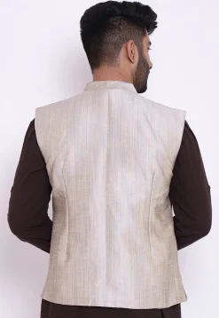 Plain Art Silk Nehru Jacket in Off White