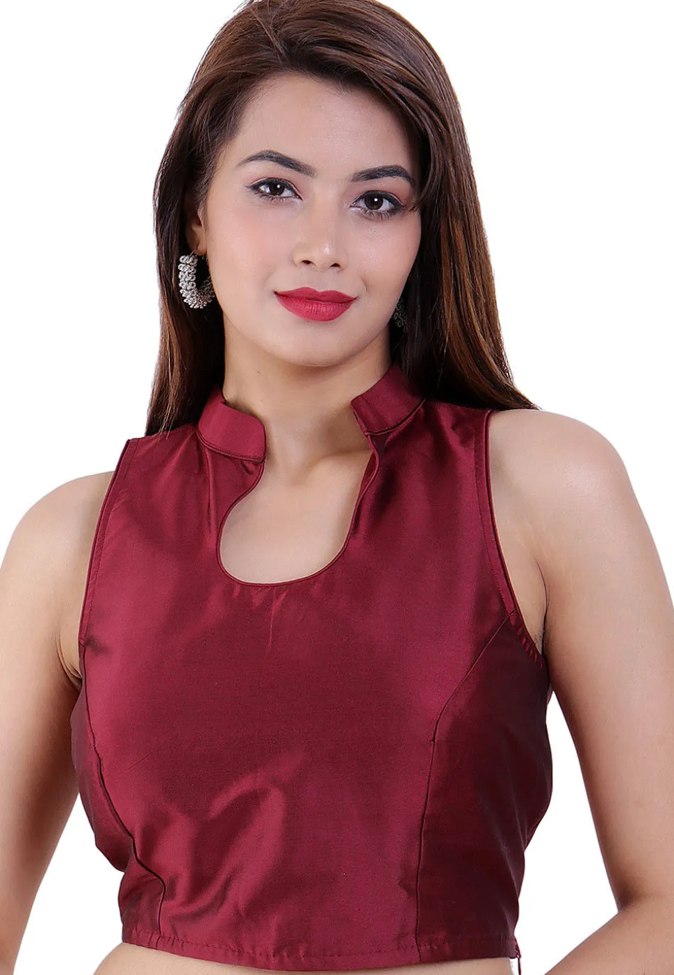 Plain Art Silk Padded Blouse in Maroon
