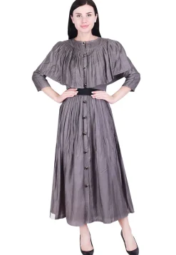 Plain Art Silk Pleated Dress in Grey