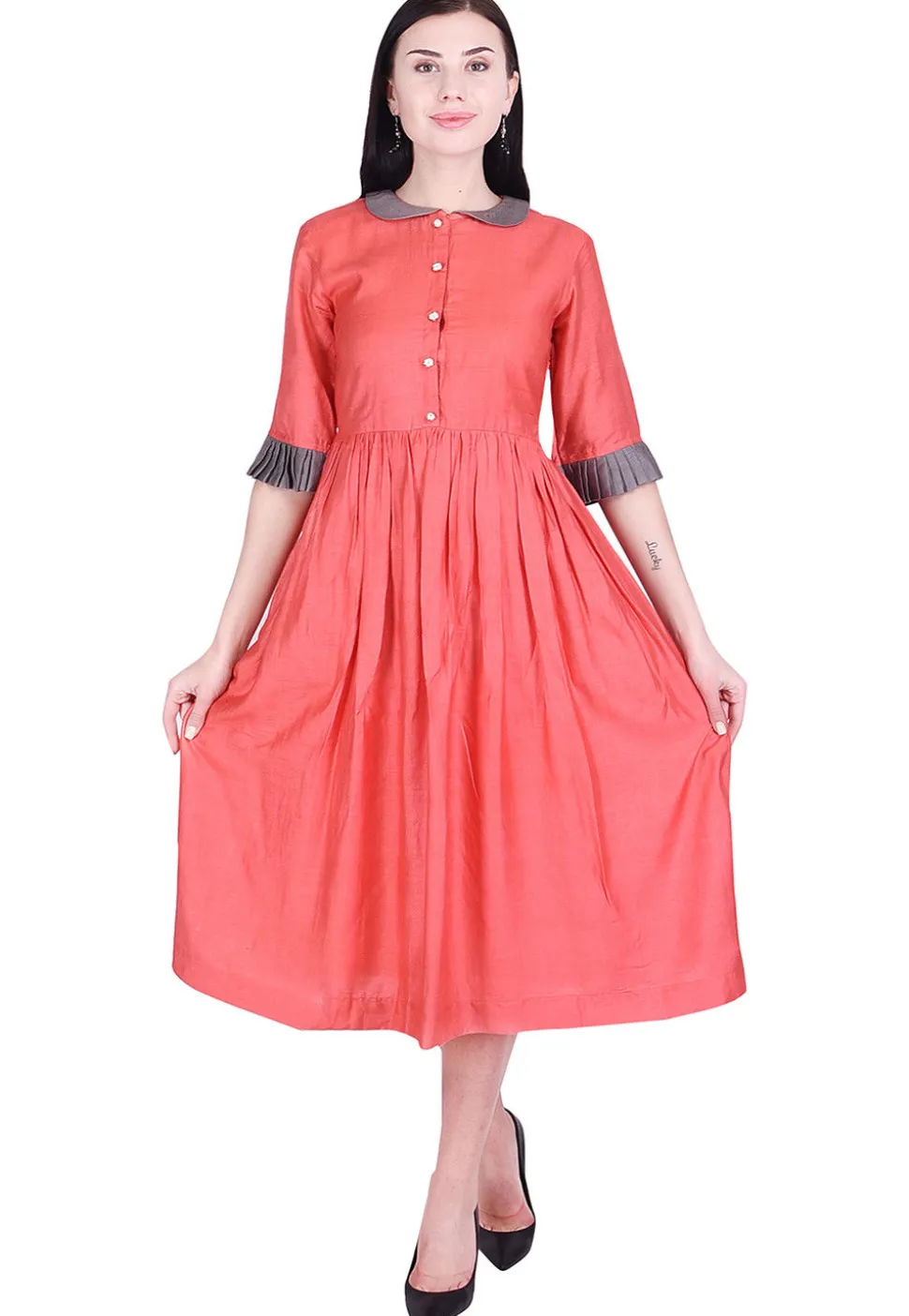 Plain Art Silk Pleated Dress in Dark Peach