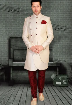 Plain Art Silk Sherwani in Cream