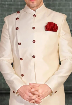 Plain Art Silk Sherwani in Cream