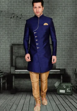 Plain Art Silk Sherwani in Blue