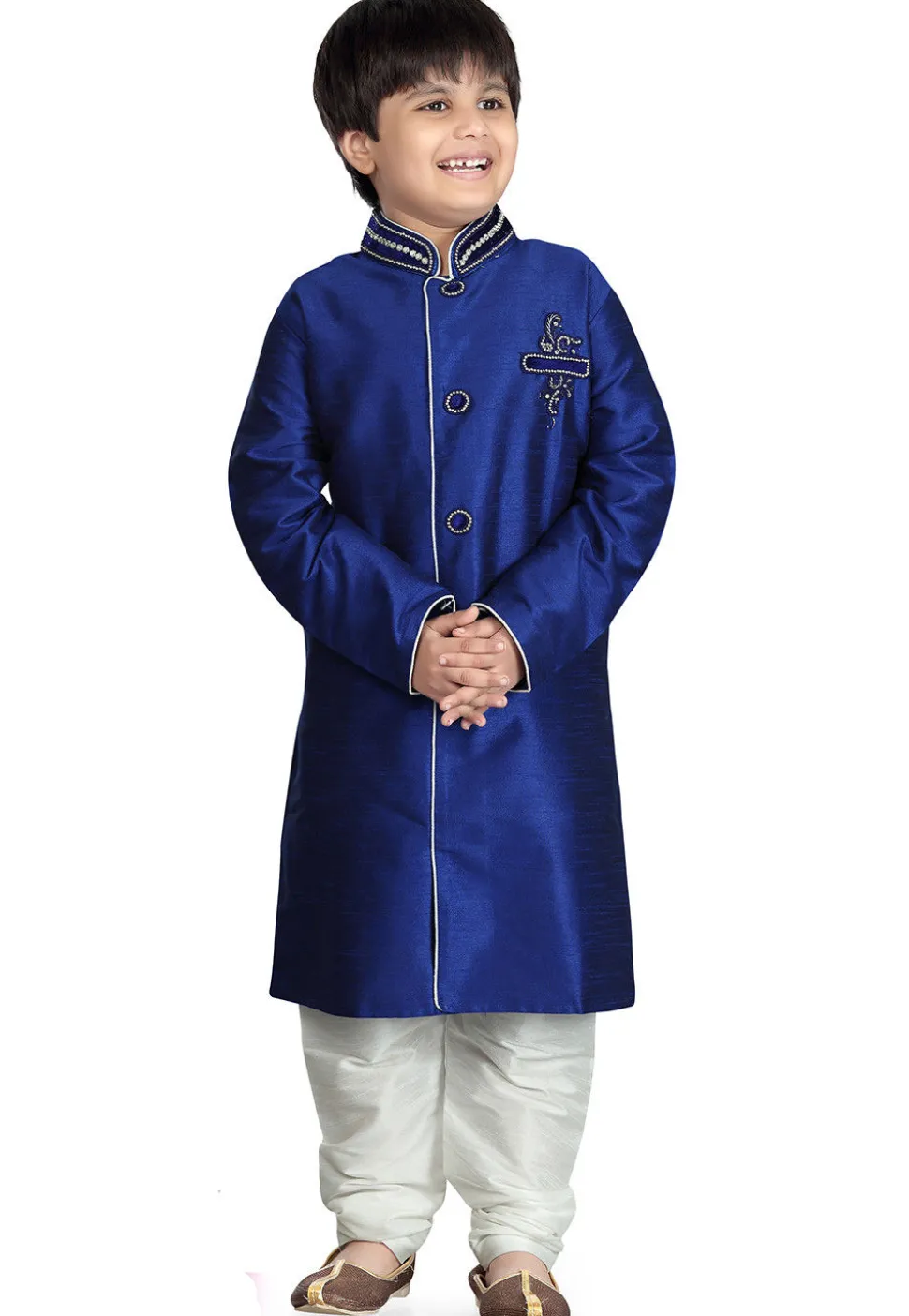 Plain Art Silk Sherwani in Blue