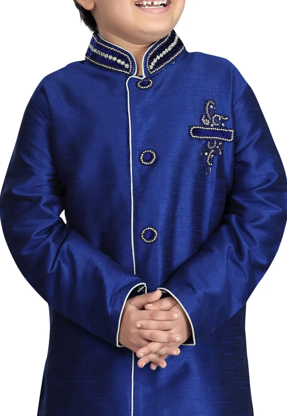 Plain Art Silk Sherwani in Blue