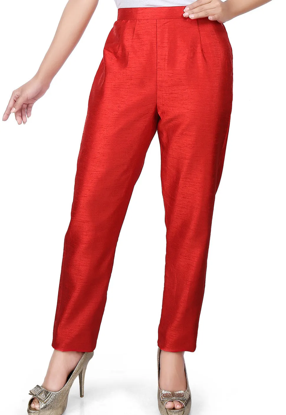 Plain Art Silk Straight Pant in Red