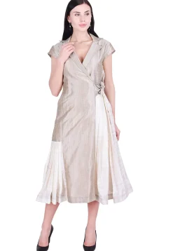Plain Art Silk Wrap Around Dress in Fawn