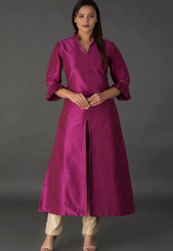 Plain Bhagalpuri Silk Front Slit Long Kurta in Magenta