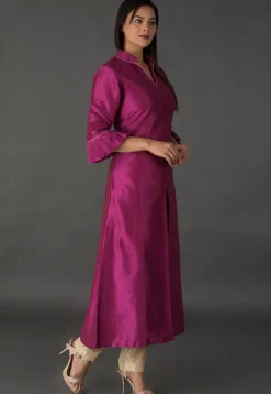 Plain Bhagalpuri Silk Front Slit Long Kurta in Magenta