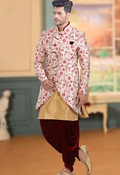 Plain Brocade Jodhpuri Suit in Off White