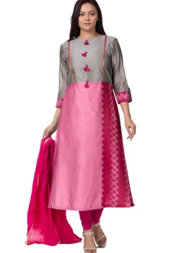 Plain Chanderi Cotton A Line Suit in Pink and Grey