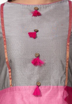 Plain Chanderi Cotton A Line Suit in Pink and Grey