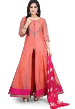 Plain Chanderi Cotton Abaya Style Suit in Peach