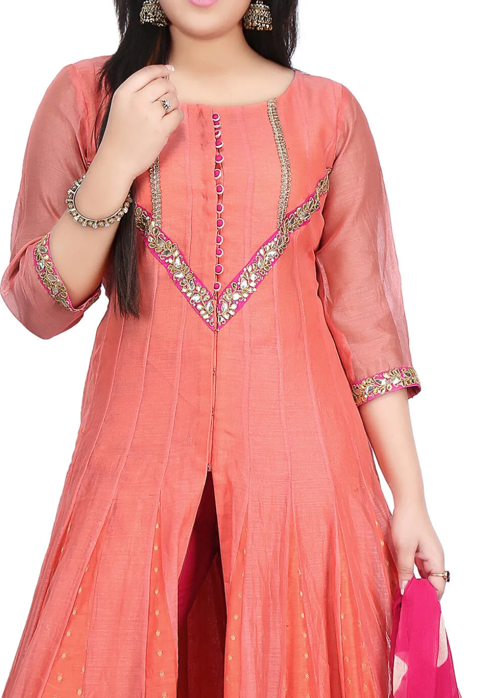 Plain Chanderi Cotton Abaya Style Suit in Peach