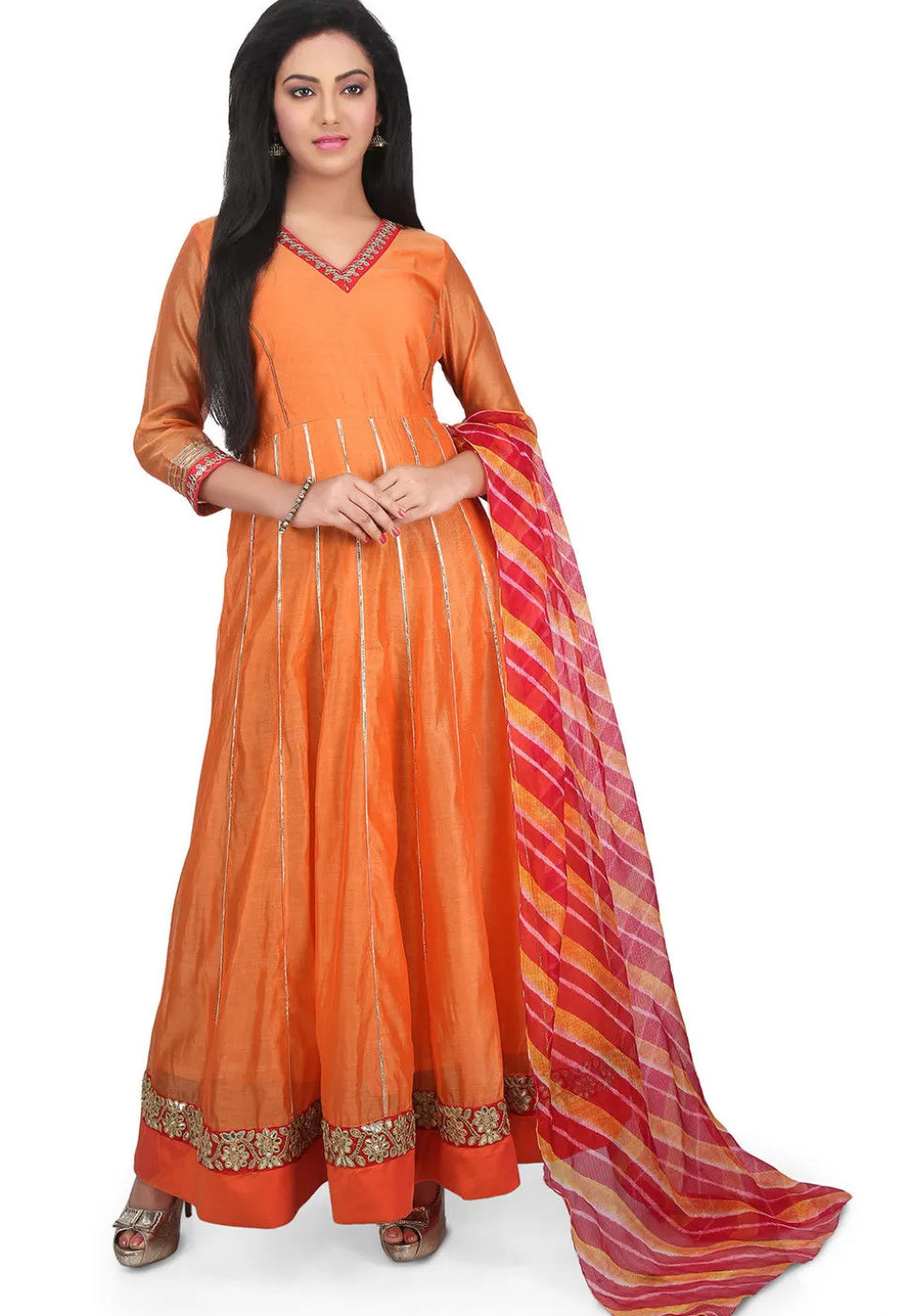 Plain Chanderi Cotton Abaya Style Suit in Orange