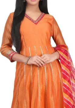 Plain Chanderi Cotton Abaya Style Suit in Orange