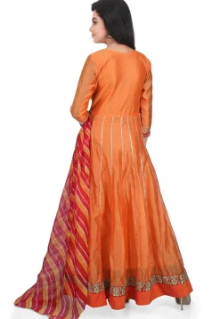Plain Chanderi Cotton Abaya Style Suit in Orange