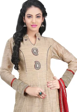 Plain Chanderi Cotton Abaya Style Suit in Dark Beige