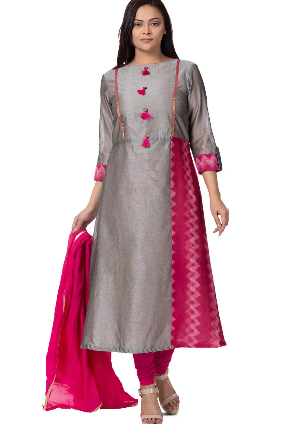 Plain Chanderi Cotton Straight Suit in Grey