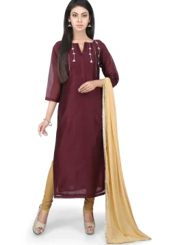 Plain Chanderi Cotton Straight Suit in Brown