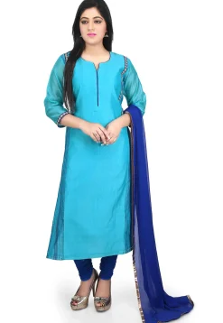 Plain Chanderi Cotton Straight Suit in Turquoise