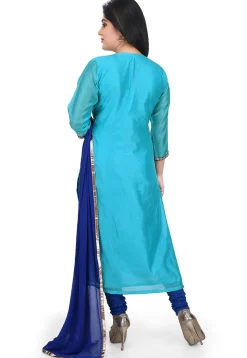 Plain Chanderi Cotton Straight Suit in Turquoise