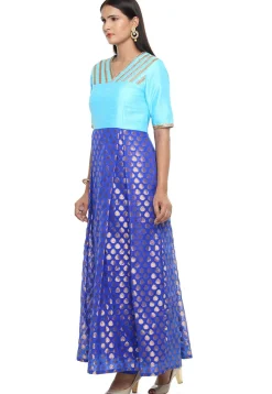 Plain Chanderi Jacquard Abaya Style Suit in Blue