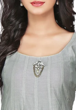 Plain Chanderi Silk Anarkali Suit in Grey