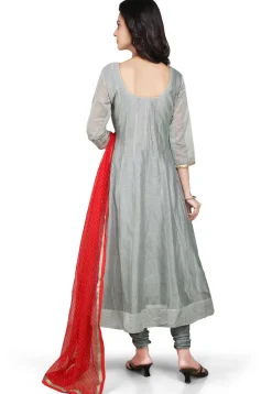 Plain Chanderi Silk Anarkali Suit in Grey