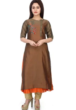 Plain Chanderi Silk Layered Kurta Set in Copper