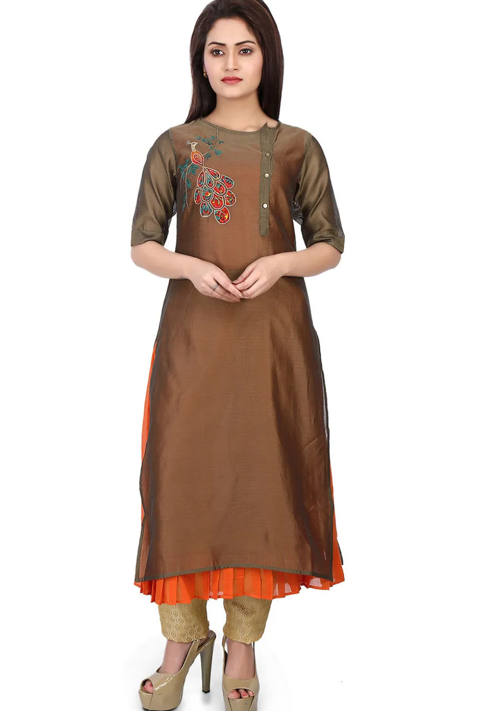 Plain Chanderi Silk Layered Kurta Set in Copper