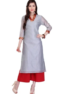 Plain Chanderi Silk Long Kurta in Grey