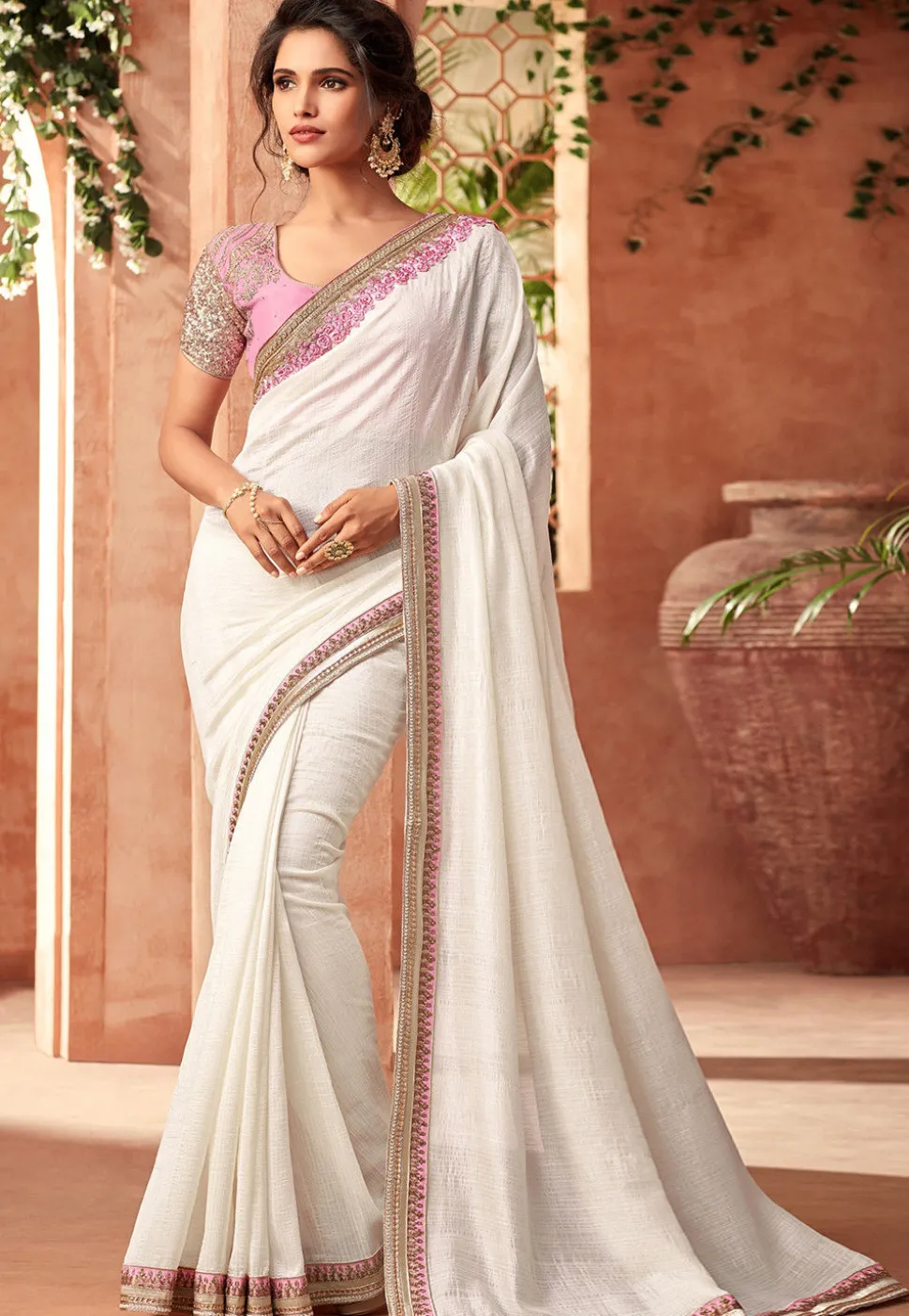 Plain Chiffon Saree in Off White