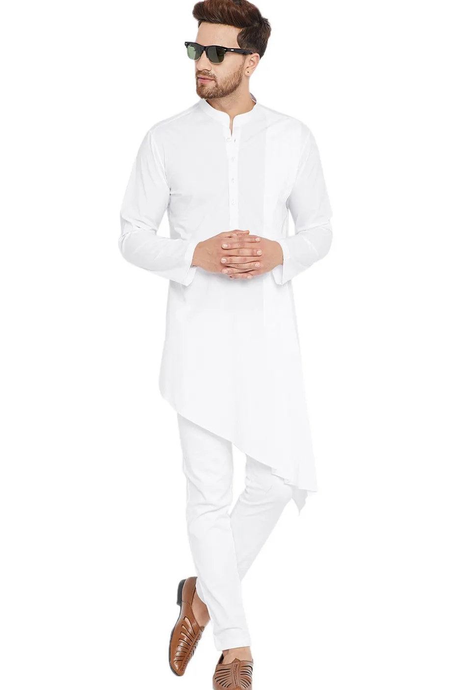 Plain Cotton Asymmetric Kurta Set in White