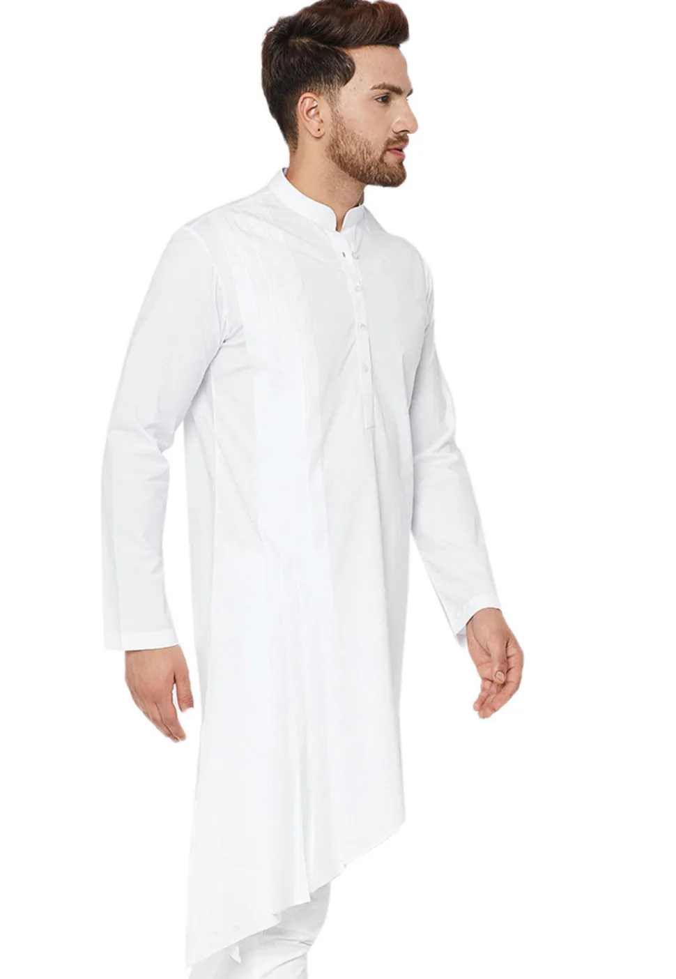 Plain Cotton Asymmetric Kurta Set in White