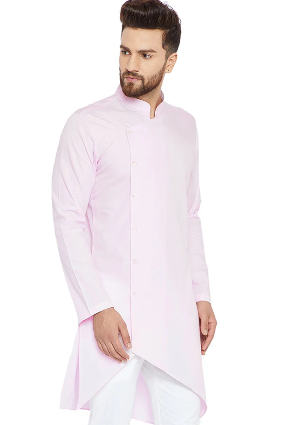 Plain Cotton Asymmetric Kurta Set in Baby Pink
