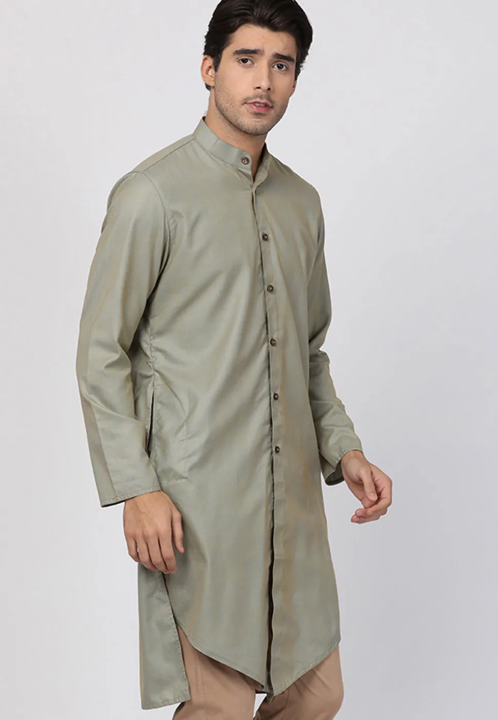 Plain Cotton Asymmetric Short Kurta in Grey