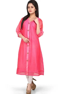 Plain Cotton Chanderi Long Kurta in Pink