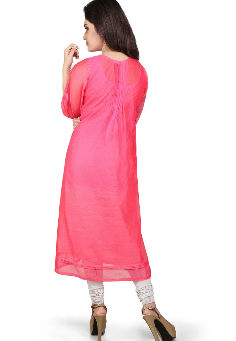Plain Cotton Chanderi Long Kurta in Pink