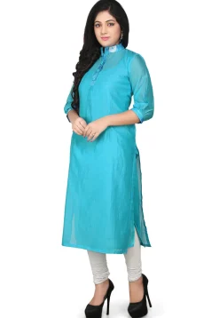 Plain Cotton Chanderi Long Kurta in Turquoise