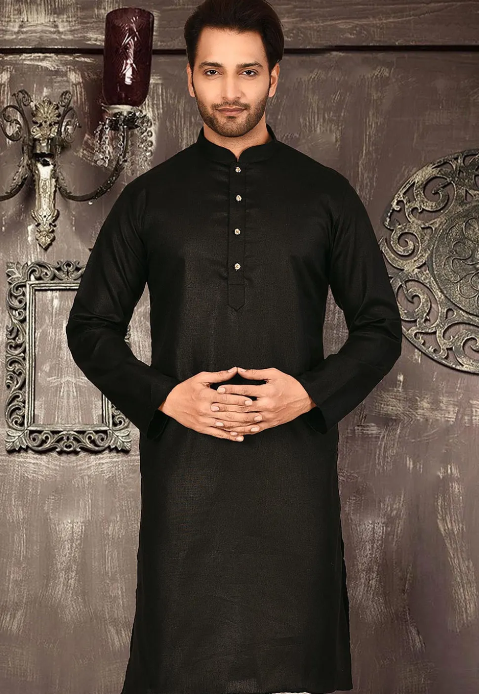 Plain Cotton Kurta in Black