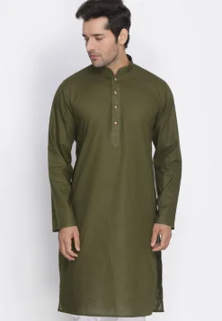 Plain Cotton Kurta in Dark Olive Green