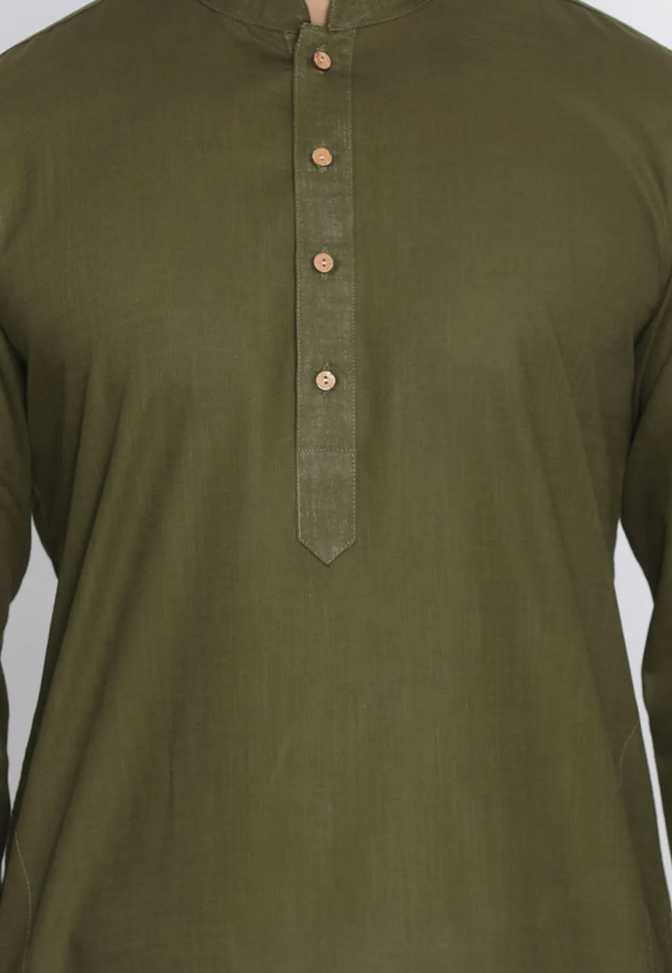 Plain Cotton Kurta in Dark Olive Green