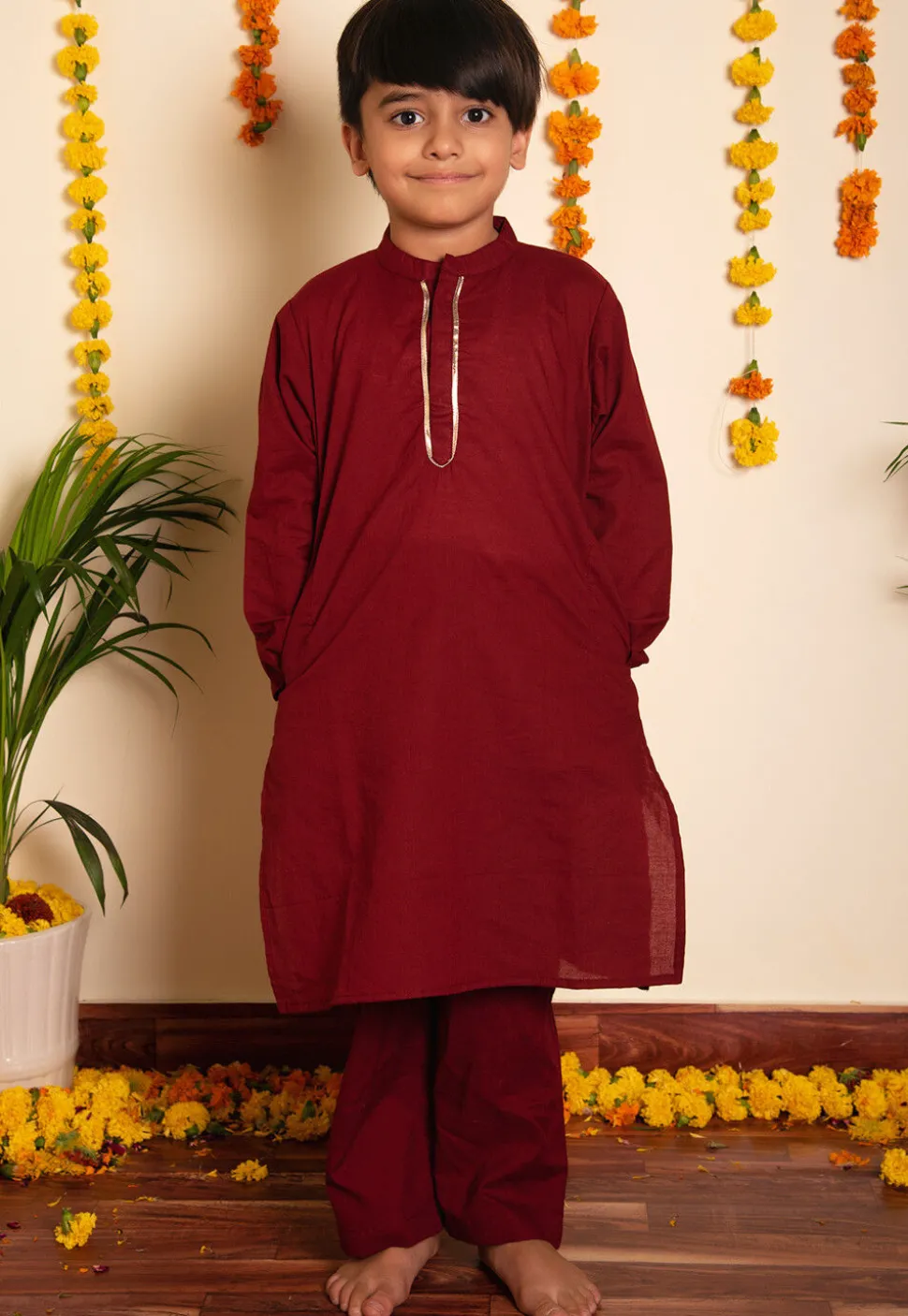 Plain Cotton Kurta Set in Maroon