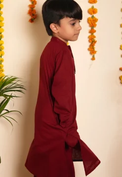 Plain Cotton Kurta Set in Maroon
