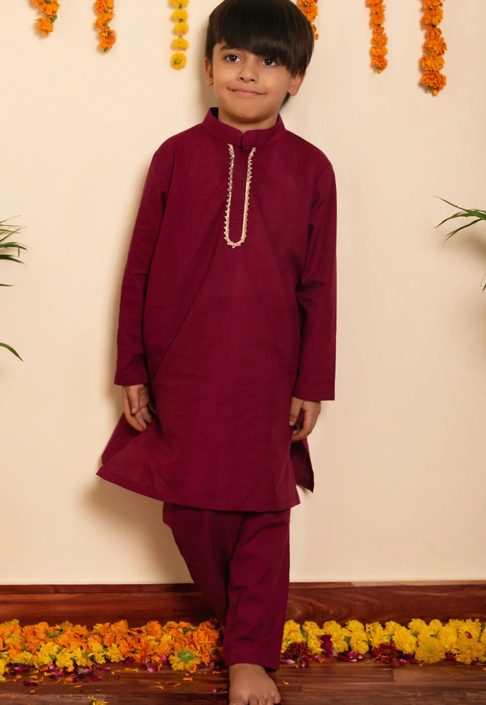 Plain Cotton Kurta Set in Wine